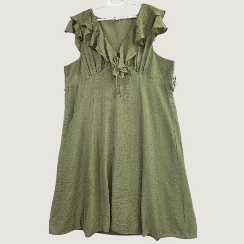 Old Navy Dress XXL Womens Olive Green Ruffle V Neck Crinkle Rayon Midi Flounce